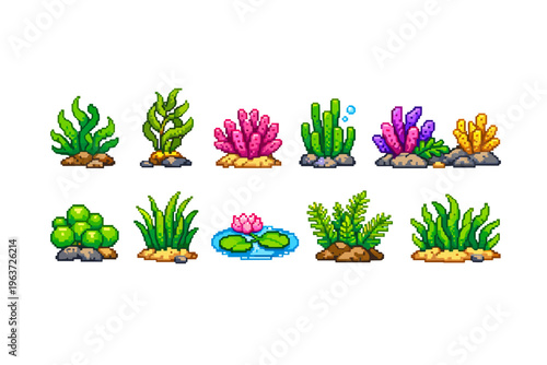 Pixel art collection of diverse aquatic plants and corals on white background