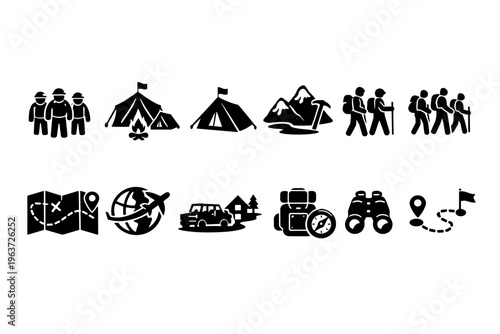 Collection of adventure and travel icons for outdoor exploration and journeys