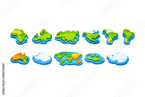 Collection of stylized isometric continents and world map segments
