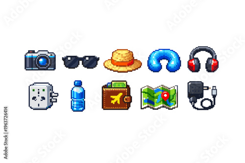 Pixel art travel essentials collection including camera, sunglasses, hat, and map