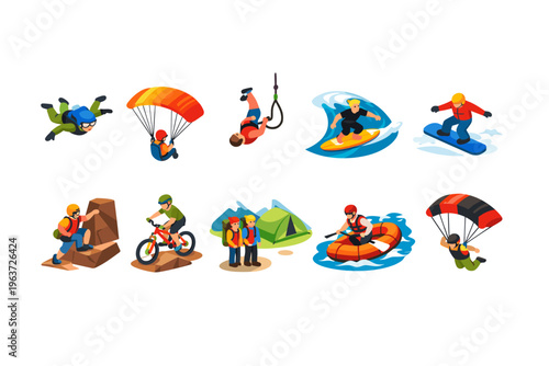 Collection of isometric extreme sports and outdoor adventure icons