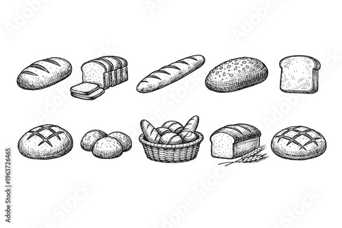 Collection of hand-drawn bread types and baked goods in a sketch style