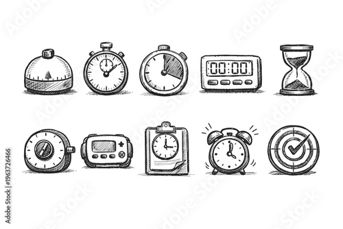 Collection of hand-drawn icons representing various timekeeping devices and concepts