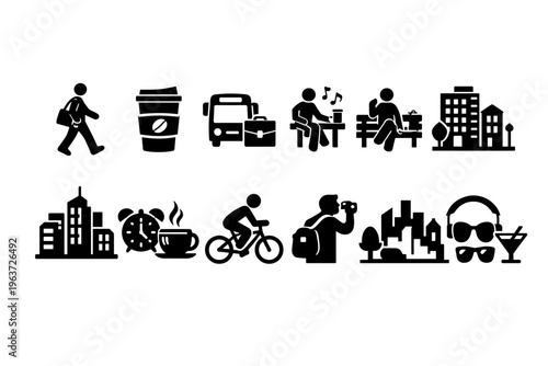 Collection of urban lifestyle icons representing daily activities and city life