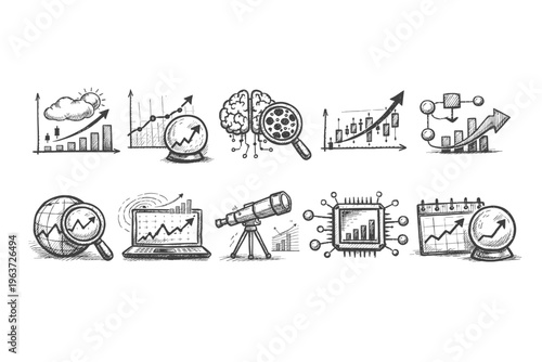Collection of hand-drawn icons representing business growth, analytics, and future forecasting
