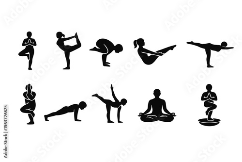 Collection of diverse yoga poses and silhouettes for fitness and wellness