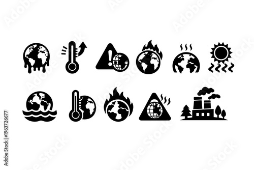 Climate change icons showing global warming, melting earth, and pollution