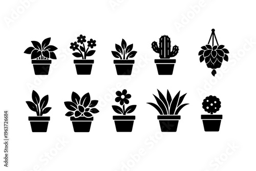 Collection of potted plants and cactus icons in silhouette style