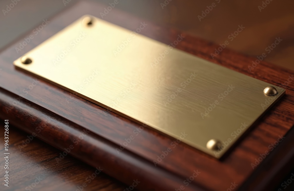 Fototapeta premium Rectangular brass plate on polished dark wood base. This award plaque is for recognition, achievement, or honor. Suitable for office display or a gift.