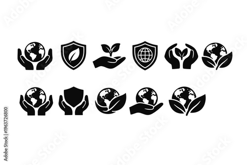 Collection of environmental protection icons with hands, globes, and leaves