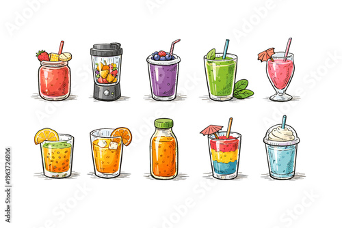 Collection of colorful healthy fruit smoothies and juices in various glasses and bottles