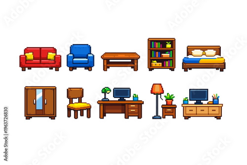 Collection of pixel art furniture items for interior design and gaming