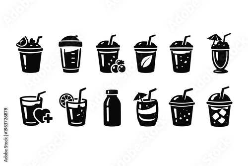 Collection of black icons representing various refreshing beverages and drinks