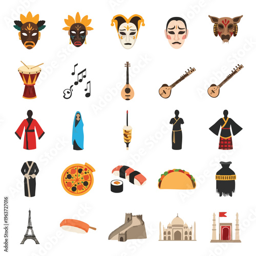 A vibrant icon pack featuring various education theme vector illustrations of cultural masks, musical instruments, traditional clothing, and food. Perfect for educational materials
