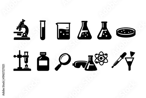 Collection of scientific laboratory equipment icons for research and discovery