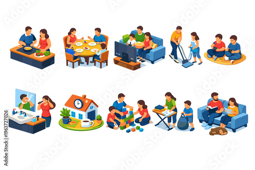 Diverse family activities depicted in isometric style, showcasing daily life and home routines