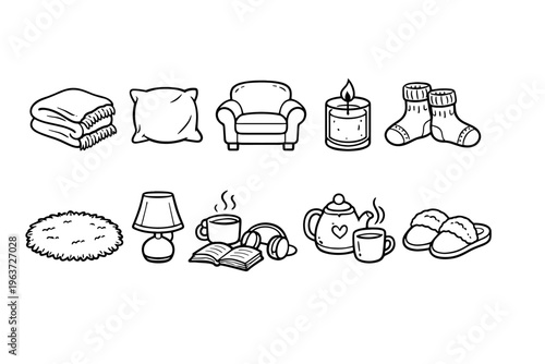 Cozy home comfort icons: blanket, pillow, armchair, candle, socks, lamp, tea, book, headphones, slippers
