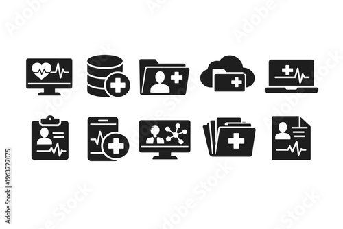 Collection of medical icons representing digital health records and data management