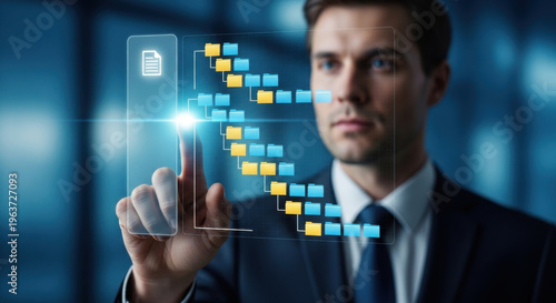 Document and record management system. Document control and content management. Business person tapping file icon on folder structure. 
