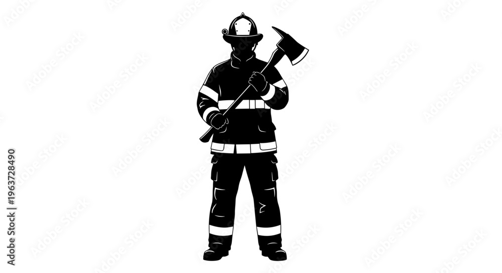 Obraz premium Silhouette of brave firefighter wearing protective gear and helmet holding axe ready for action against white