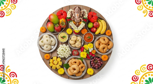 Traditional indian ganesh chaturthi festival food platter with fruits sweets and snacks on wooden board