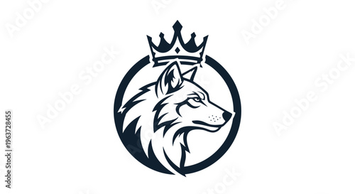 Majestic wolf head emblem with regal crown symbolizing power leadership and wild spirit within a circular frame dark