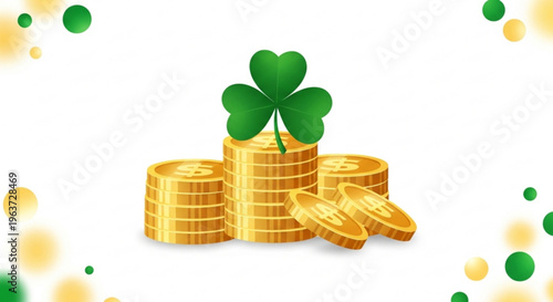 Golden coins with a four leaf clover on top symbolizing good luck and prosperity with a festive white background and green and yellow dots
