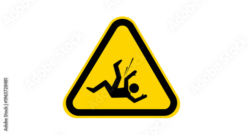 Warning sign depicting a falling person symbol in yellow triangle representing danger and hazard isolated on white
