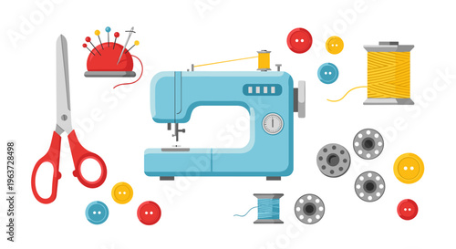 Blue sewing machine with red scissors pincushion colorful buttons and thread spools illustrating crafting tailoring