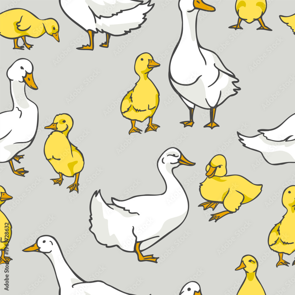 Fototapeta premium White ducks or geese next to yellow ducklings or goslings