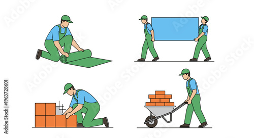 Construction workers in green overalls performing various tasks laying material carrying large panel building brick