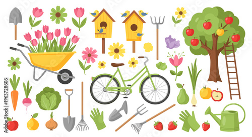 Vibrant spring garden collection bicycle wheelbarrow apple tree tools flowers vegetables and birdhouses