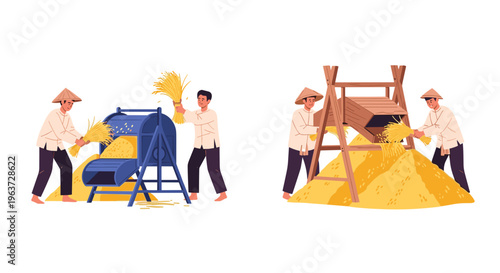 Farmers using threshing machines and manual methods to separate grain from stalks illustrating agricultural labor