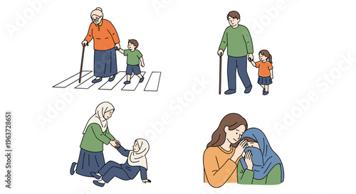 Diverse people showing care and support across generations from elderly care to comforting a child in distress