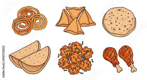 Assortment of delicious indian street food snacks and appetizers including crispy chakli savory samosas fluffy naan