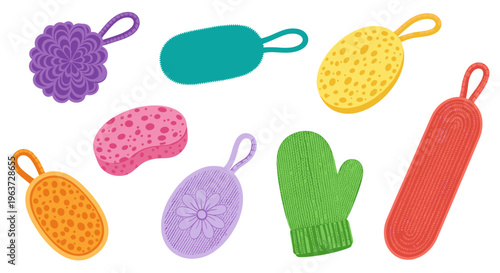 Collection of colorful bath accessories including loofahs sponges and a washcloth mitt isolated on a white background