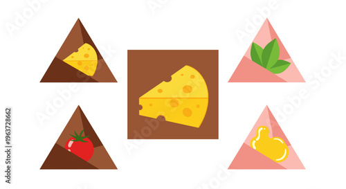 Artistic abstract illustration of cheese slices with subtle hints of red pepper and green basil leaves set