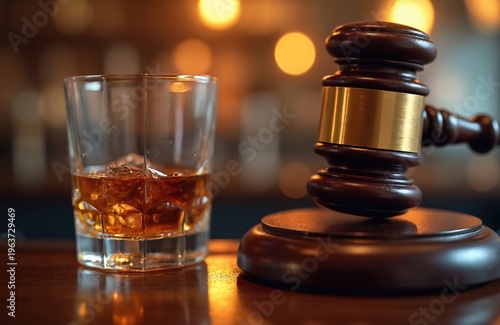 Lawyer gavel rests near whiskey glass with ice. Represents legal judgment for impaired driving. Court verdict symbol. Alcohol crime consequences.