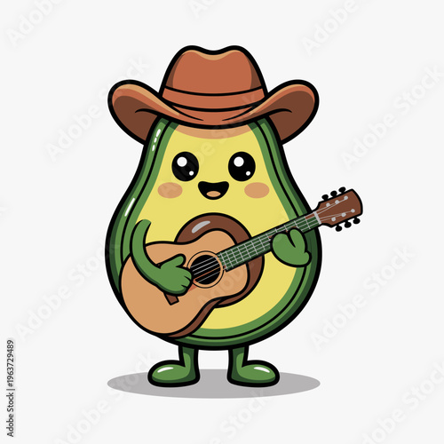 A cartoon avocado character plays a guitar while wearing a cowboy hat.