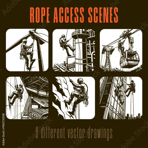 Industrial Rope Access Vector Set: 6 Professional High-Contrast Scenes of Industrial Climbing, Wind Turbine Maintenance, and Technical High-Altitude Work