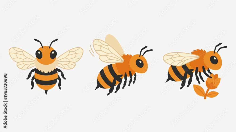 Obraz premium Bee illustration set with honeycomb flowers and flying insects