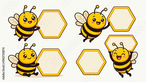 Cute bee mascot set with smiling cartoon pollinator poses