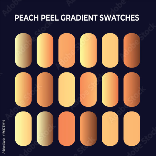 Peach peel gradient swatches, warm orange and yellow color palette set, 18 vector gradient elements for graphic design and branding