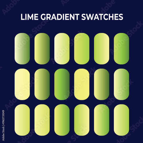 Lime gradient swatches, set of 18 green color palette elements, vibrant citrus neon gradient capsules for graphic design and UI kits