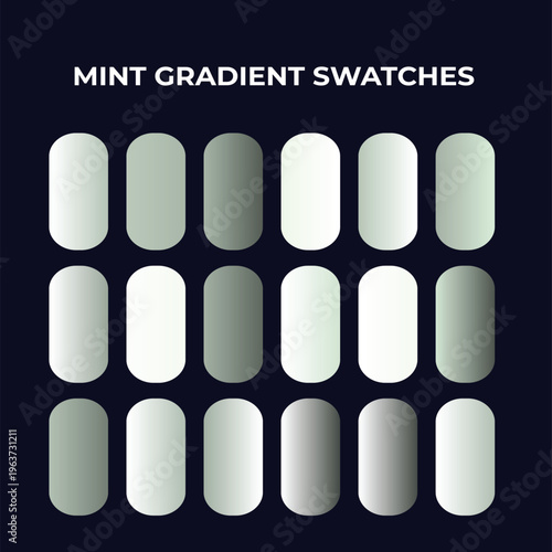Mint gradient swatches, collection of 18 green and white color palettes, professional vector design elements for UI and branding