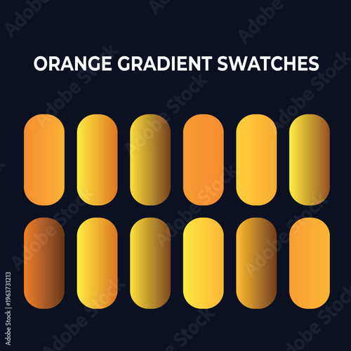 Orange gradient swatches collection, set of 12 vibrant warm color palettes, professional vector UI design elements for web and mobile apps