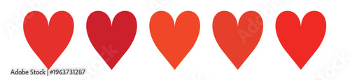 Red heart icons in a row, set of five romantic heart shapes, flat vector illustration for rating and health status, love and passion symbols