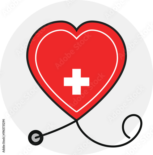 Medical heart icon with stethoscope and cross, red heart health symbol for cardiology, healthcare and wellness vector illustration
