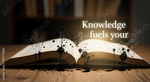 Open Book With Glowing Pages And Ink Splashes