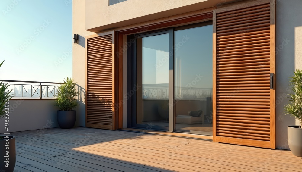 Obraz premium Modern wood shutters open on rooftop balcony with city view. Sunny day, wood deck, plants and sliding glass door. Outdoor space, residential architecture.